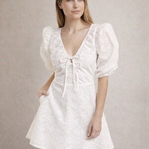 Nicholas Danni Dress White Featherington Eyelet Puff Sleeve Mini Dress Size 8